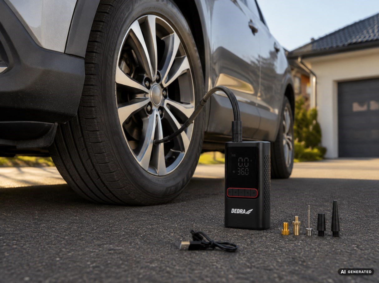 Bezprzewodowa pompka powietrza DEDRA DEPP011 2×2000 mAh – 150 PSI, power bank, różne wentyle